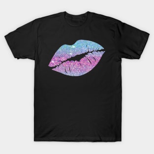 Bright Pink Blue Ombre Faux Glitter Lips T-Shirt